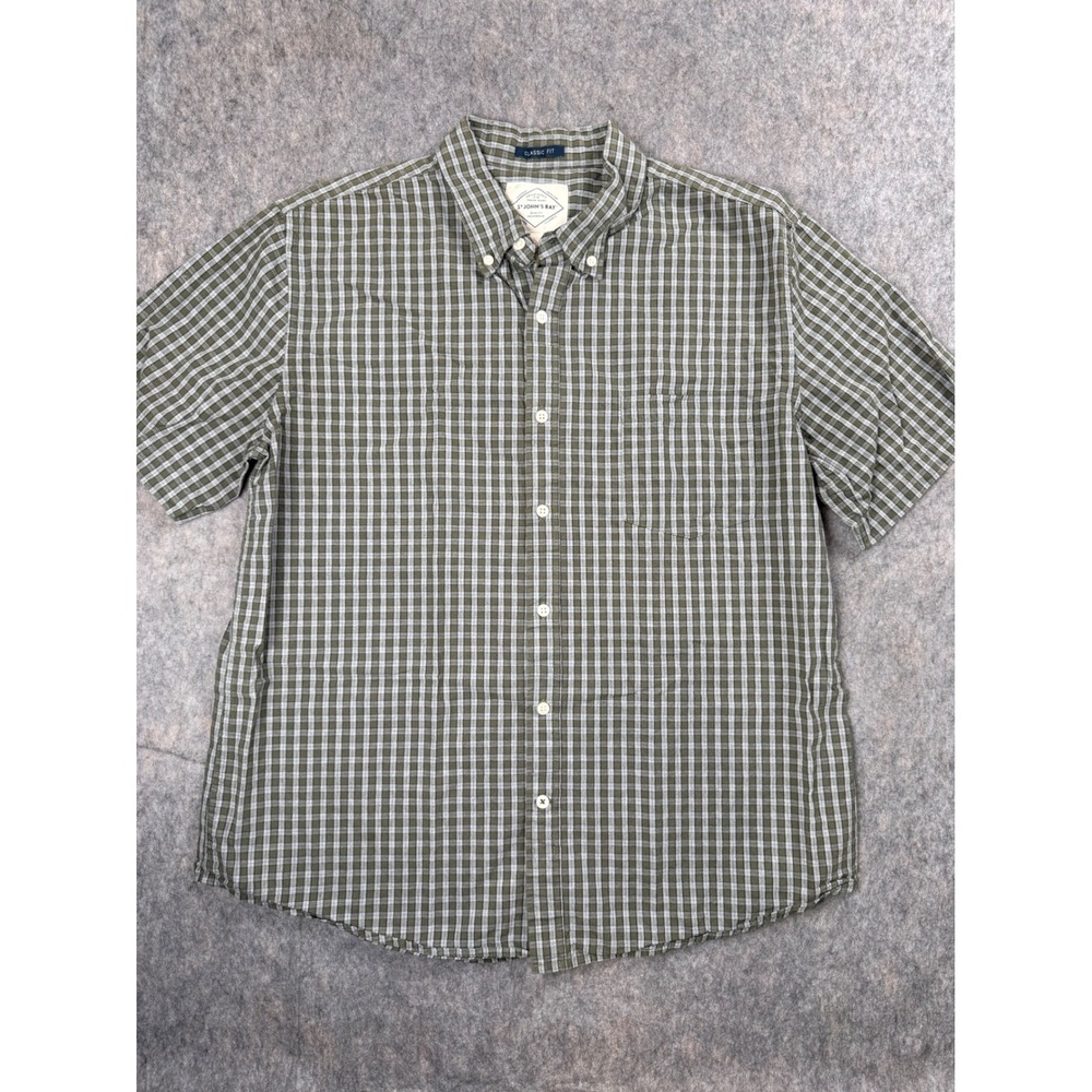 St Johns Bay Mens Large Short Sleeve Button Down Shirt Green Plaid Classic Fit